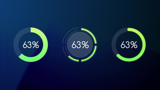 Set of three radial or circular Progress Bars. Green colored template. Procent indicator. Modern motion graphics. Flat style. Bright and simple UI diagram elements. Isolated on black for Screen Mode.