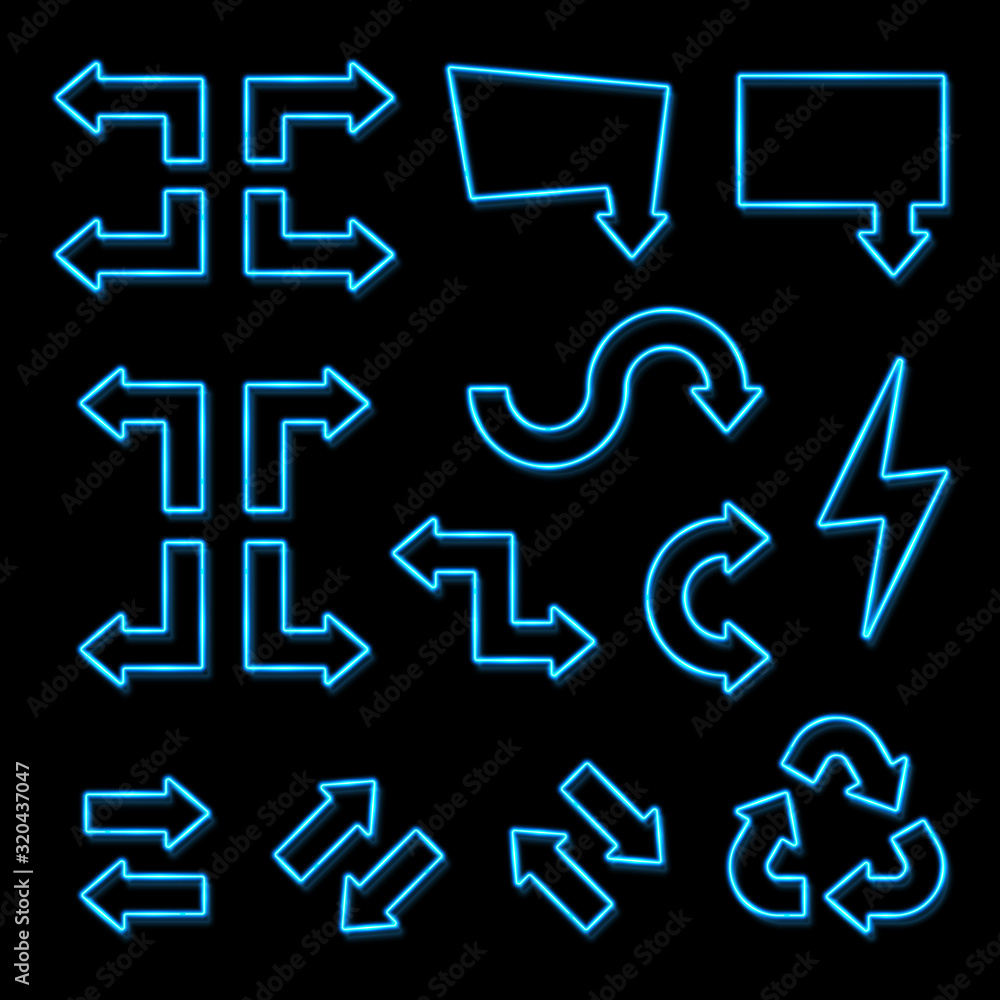 Poster blue neon 3d arrows set on black background. shining led halogen lamp sign showing direction. illumi
