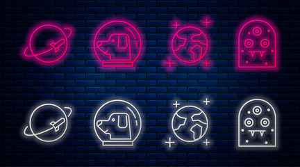 Set line Dog in astronaut helmet, Earth globe, Planet and Alien. Glowing neon icon on brick wall. Vector