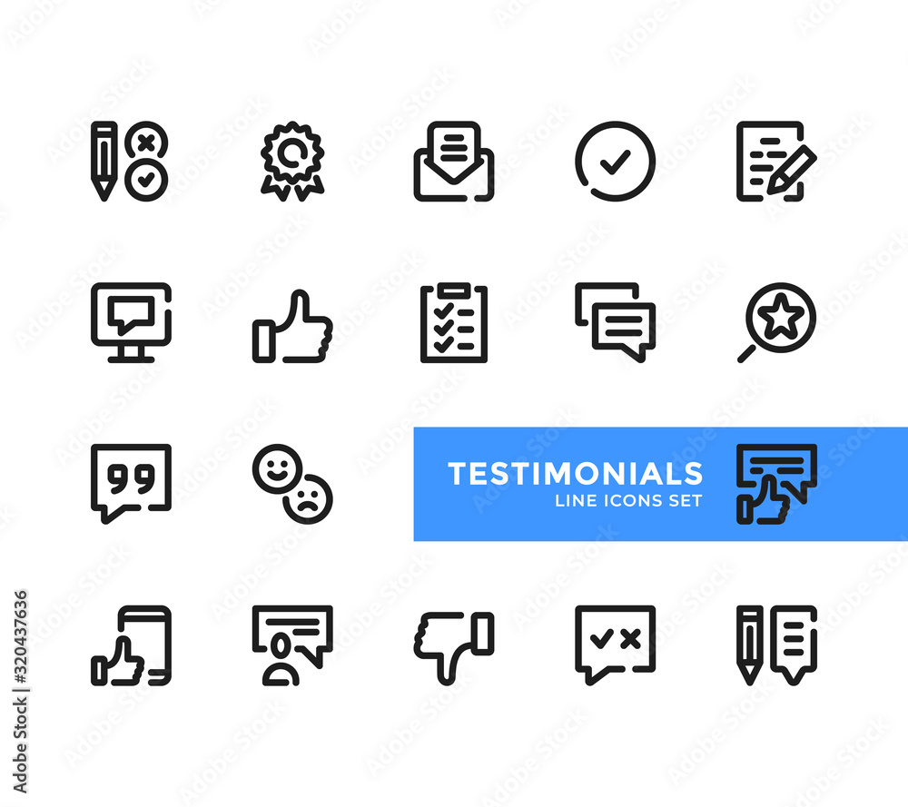 Poster testimonials line icons set. pixel perfect. modern outline symbols collection, minimal style simple 