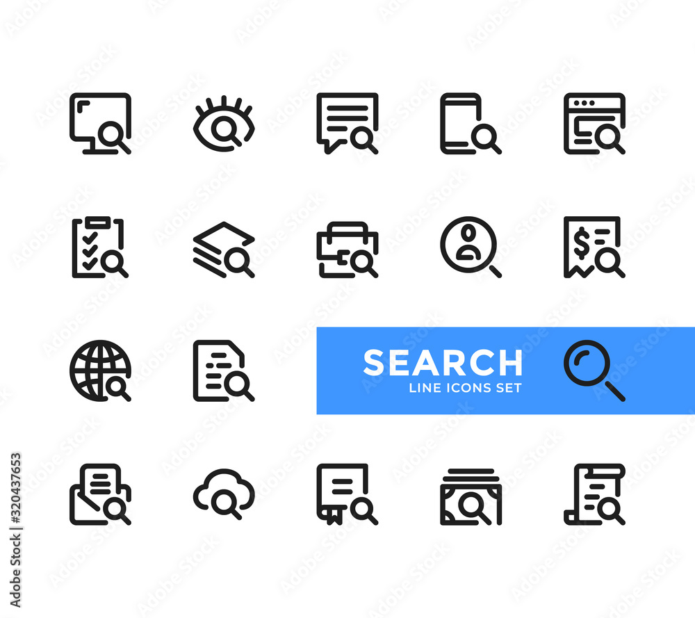 Poster search line icons set. pixel perfect. modern outline symbols collection, minimal style simple linear