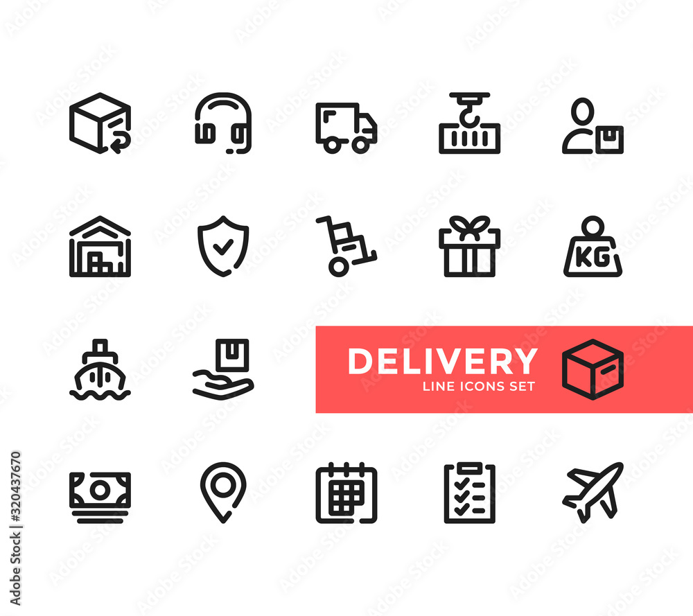 Poster delivery line icons set. pixel perfect. modern outline symbols collection, minimal style simple line