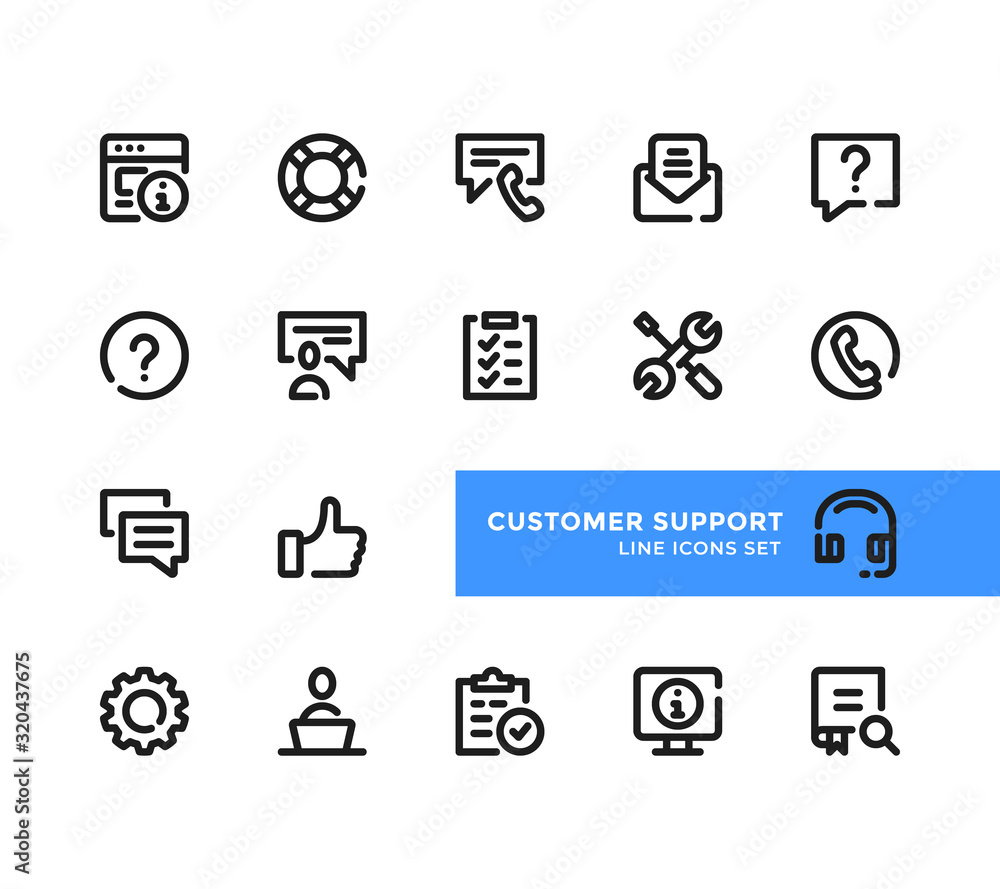 Poster customer support line icons set. pixel perfect. modern outline symbols collection, minimal style sim