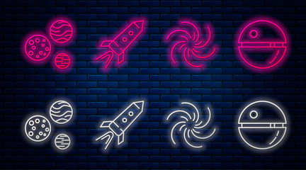 Set line Rocket ship with fire, Black hole, Planet and Death star. Glowing neon icon on brick wall. Vector © Oksana