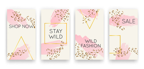 Vector trendy editable set of templates for social media networks stories. Modern luxury design backgrounds with animal pattern for flyers, cards, posters