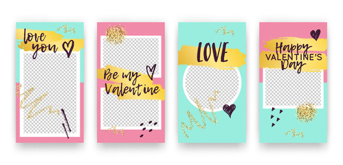 Vector set with trendy editable templates for social networks stories. Valentine's Day modern banners with hearts and phrases