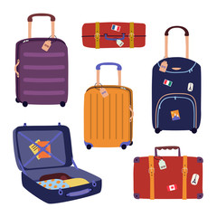 Vector set with travel luggage, bags, suitcases. Trendy colorful vacation illustration in cartoon flat style