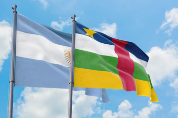 Central African Republic and Argentina flags waving in the wind against white cloudy blue sky together. Diplomacy concept, international relations.