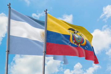 Ecuador and Argentina flags waving in the wind against white cloudy blue sky together. Diplomacy concept, international relations.
