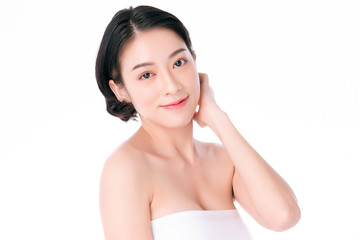 Fototapeta premium Portrait beautiful young asian woman clean fresh bare skin concept. Asian girl beauty face skincare and health wellness, Facial treatment, Perfect skin, Natural makeup, on white background,two