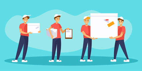Set of delivery service workers characters. Men holding parcels, clipboard with documents, big box.