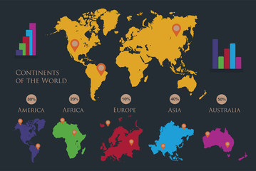 Infographics World continents map, America, Europe, Africa, Asia, Australia, orange pointer, dark background vector