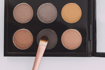 close-up of brush on top of eyeshadow palette with trendy nudes and bronzy tones