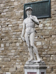 Naklejka premium View of the replica of Michelangelo's David statue located in the Piazza della Signoria in Florence, Italy 