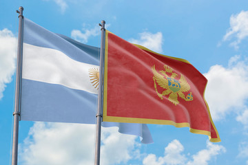 Montenegro and Argentina flags waving in the wind against white cloudy blue sky together. Diplomacy concept, international relations.