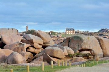 beautiful view of the pink granite coast in Brittany. France