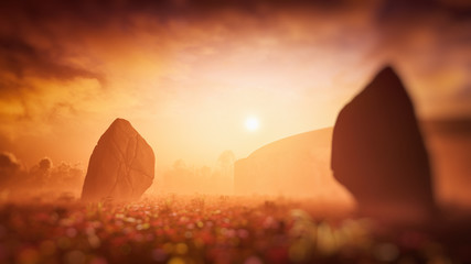 dreamy sunset fantasy monolith landscape environment with soft focus