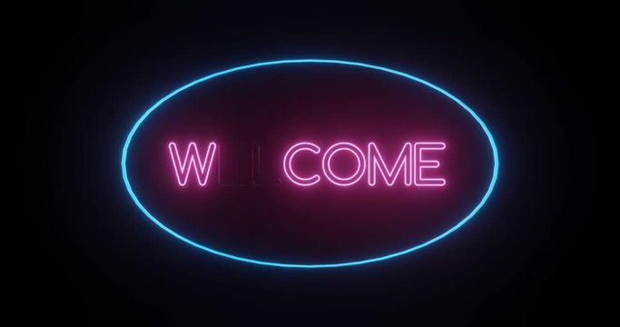 3D render of glowing pink and blue neon welcome sign animated with fast flashing lights from each letter, surrounded by a frame, against a black background.