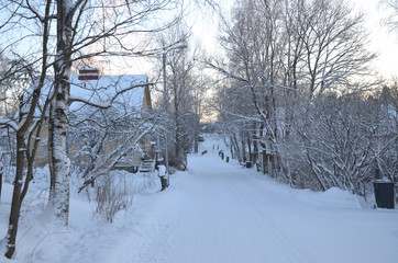 Winter time in Tampere forest with nobody around. Tampere is a city in Pirkanmaa, southern Finland. It is the most populous inland city in the Nordic countries.