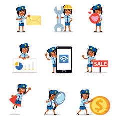 Set of character woman police in manage the traffic jam.