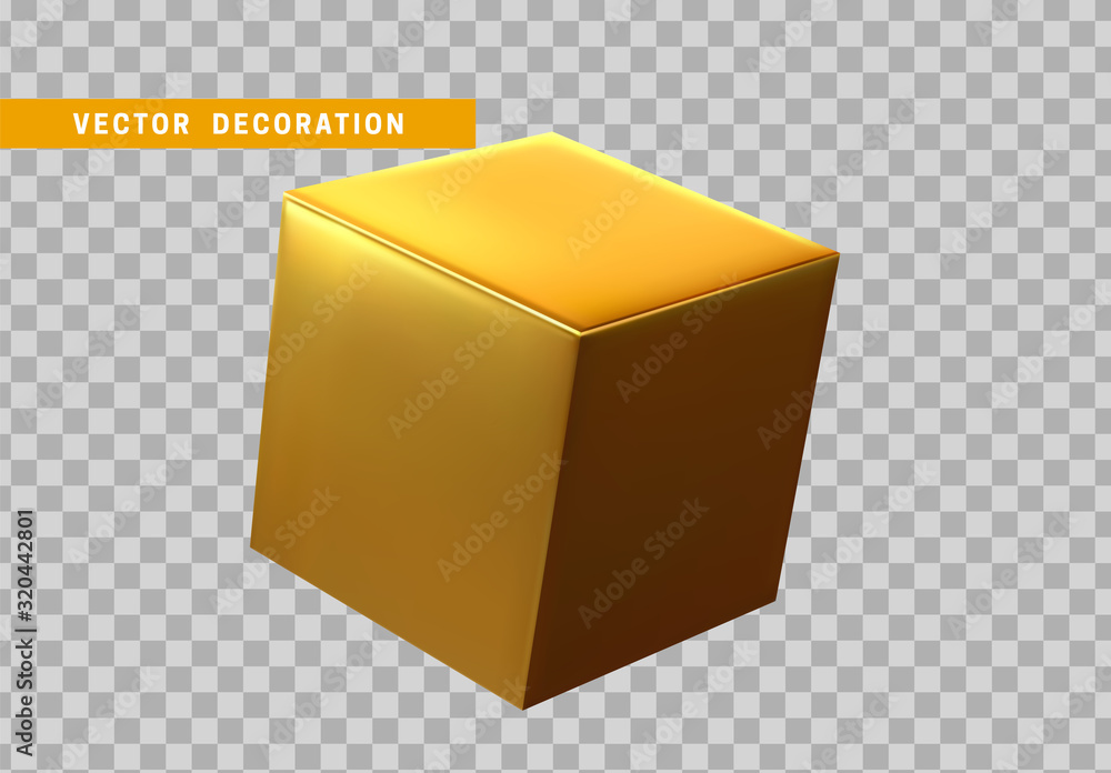 Poster cube is three-dimensional geometric shape isolated with gold color. 3d objects golden block. vector 