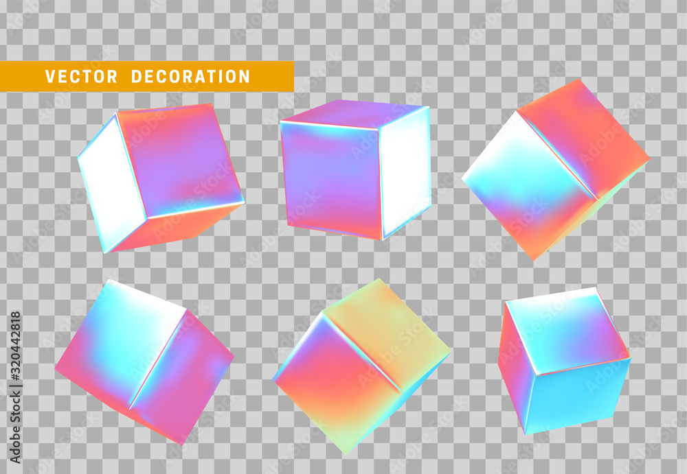 Poster Set of Cube is three-dimensional geometric shape isolated with colorful hologram chameleon color gradient. 3d objects block. vector illustration.