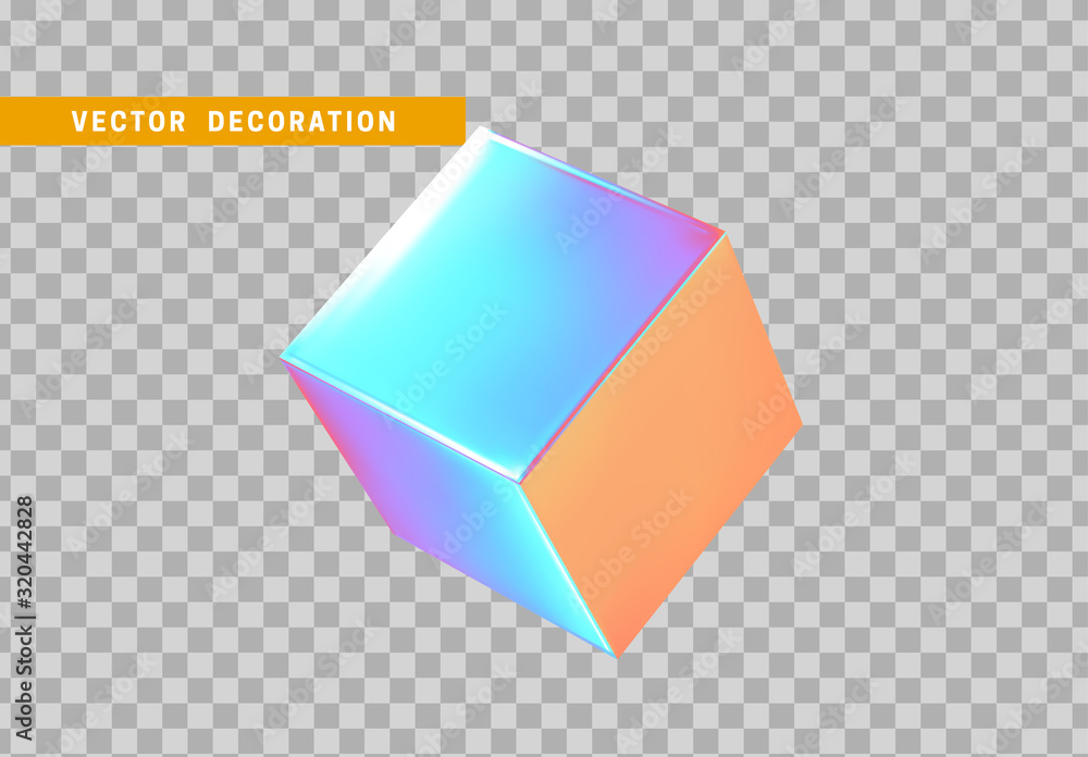 Poster cube is three-dimensional geometric shape isolated with colorful hologram chameleon color gradient. 