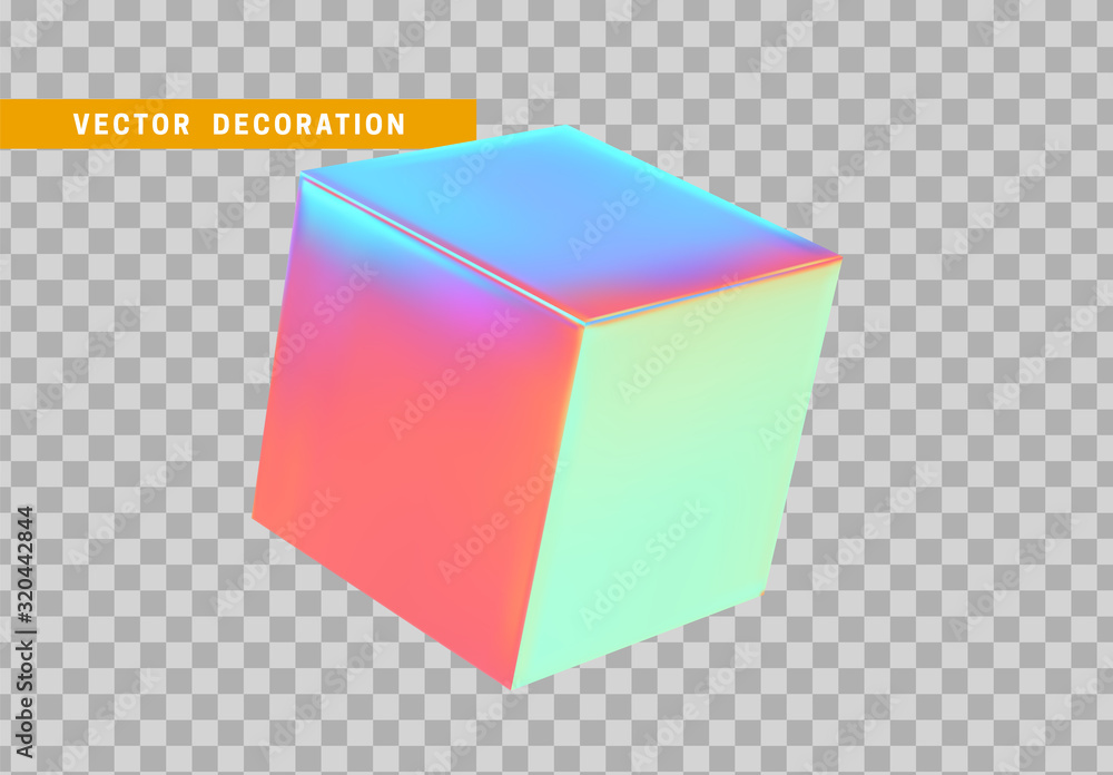 Poster cube is three-dimensional geometric shape isolated with colorful hologram chameleon color gradient