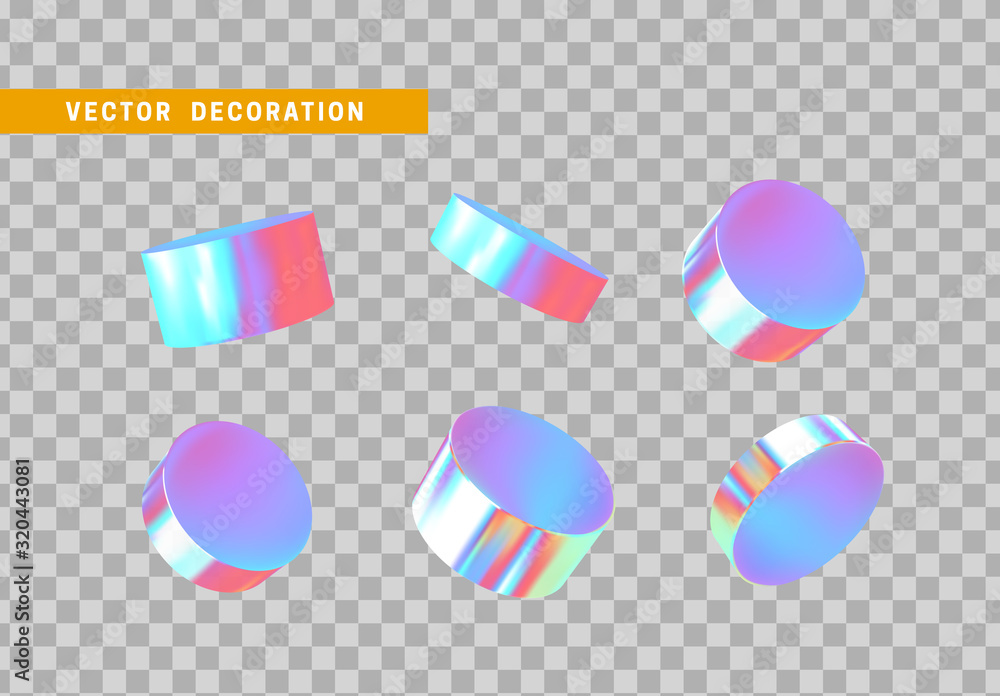 Poster cylinder 3d objects geometric shape. set round timber isolated with colorful hologram chameleon colo