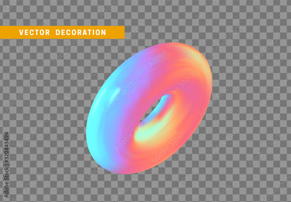 Poster torus isolated with colorful hologram chameleon color gradient. abstract 3d objects, round ring tor 