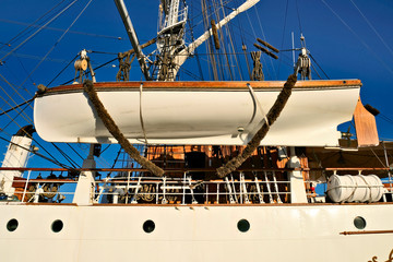 A lifeboat, an essential element of safety equipment on a seagoing ship, used to evacuate the...