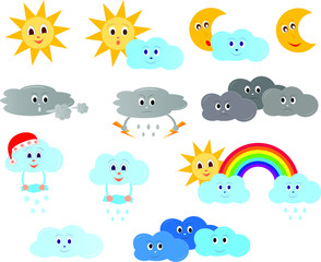 Weather Elements Icons Vector Cartoon Illustrations 