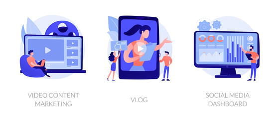 Digital advertising business, online streaming, user statistics analysis icons set. Video content marketing, vlog, social media dashboard metaphors. Vector isolated concept metaphor illustrations