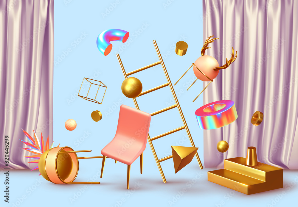 Poster abstract background with realistic geometric objects 3d shape. designed by trendy minimal poster. ve