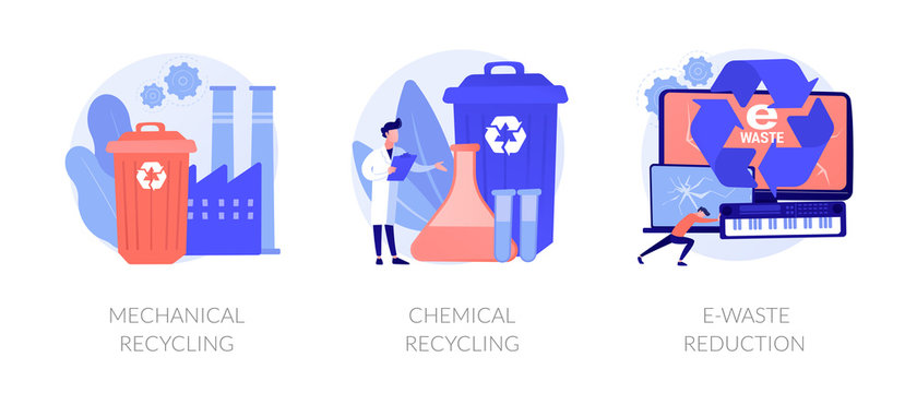Waste management methods, pollution prevention, obsolete devices disposal. Mechanical recycling, chemical recycling, e-waste reduction metaphors. Vector isolated concept metaphor illustrations