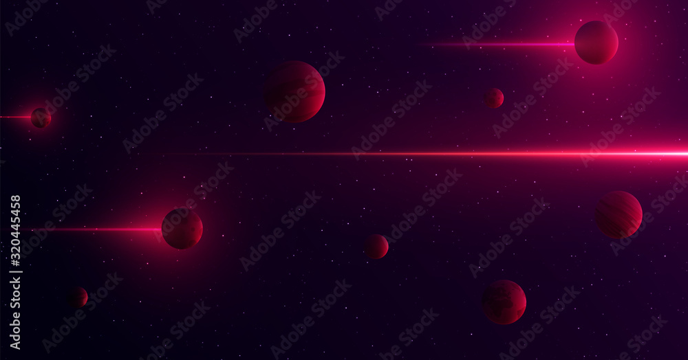 Aufkleber planets 3d on background of stars and galaxy. light abstract lines of gamma rays pass through space.