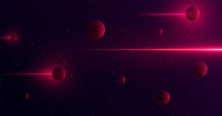 Planets 3d on background of stars and galaxy. Light abstract lines of gamma rays pass through space. fantastic themed pattern © lauritta