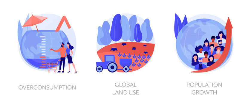 Eco problems. Bad land management idea. Human overpopulation, resource depletion. Overconsumption, global land use, population growth metaphors. Vector isolated concept metaphor illustrations