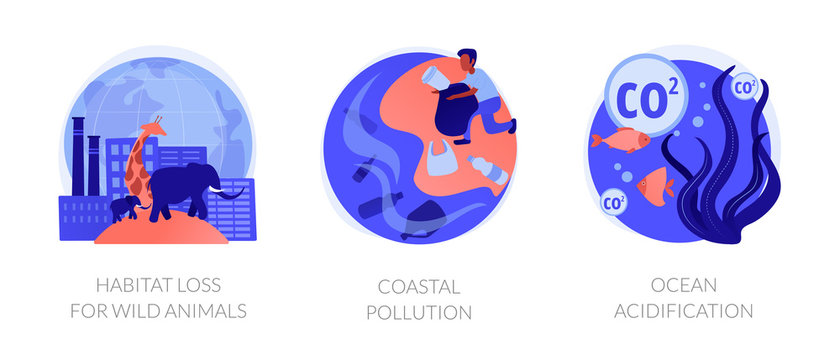 Biodiversity Reducing, Urbanization Problem. Biological Impact. Habitat Loss For Wild Animals, Coastal Pollution, Ocean Acidification Metaphors. Vector Isolated Concept Metaphor Illustrations