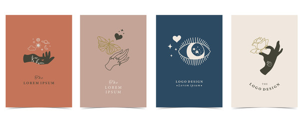 Collection of occult background set with hand,planet,heart,moon.Editable vector illustration for website, invitation,postcard and sticker