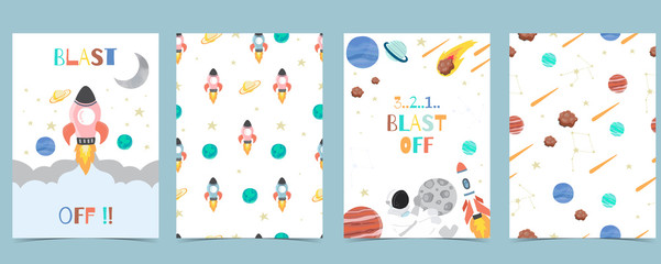 Collection of space background set with astronaut, sun, moon, star,rocket.Editable vector illustration for website, invitation,postcard and sticker.Include wording blast off