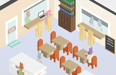 Bunny cafe and bakery done in an isometric illustration style