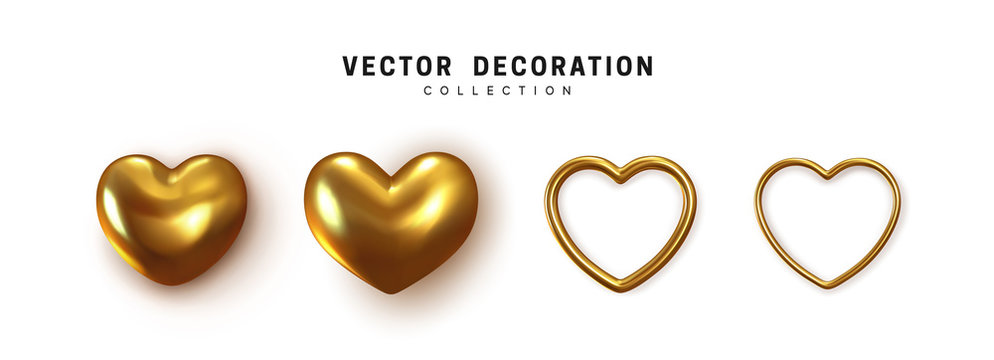 Gold colored Hearts realistic decoration 3d object. Set of Romantic Symbol of Love Heart isolated. Vector illustration