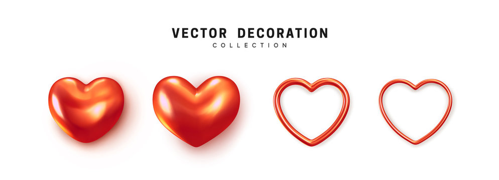Red colored Hearts realistic decoration 3d object. Set of Romantic Symbol of Love Heart isolated. Vector illustration