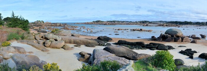 beautiful view of the pink granite coast in Brittany. France