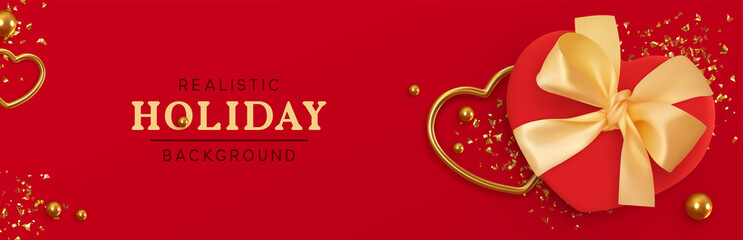 Holiday Romantic Banner, headers for website. Design Realistic decoration objects gift box, gold confetti, metal heart, ball bead. Template Flyer, brochure. Christmas composition flat lay, top view