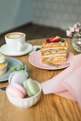 Delicious piece of cake on a plate in a cafe