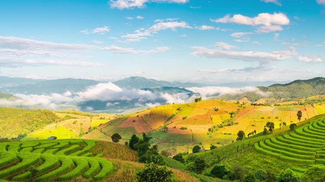 Aerial view flying above lush green tropical rain forest mountain with rain cloud cover during the rainy season on the Doi Phuka Mountain reserved national park the northern Thailand