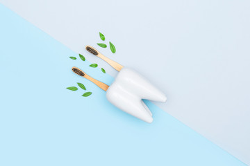 Bamboo wooden toothbrushes with green leaves in white toothbrush holder in form of tooth on blue pastel background. Dental health medical care concept flat lay. Copy space. Eco friendly goods