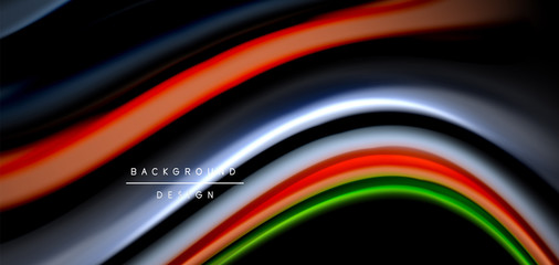 Abstract silk smooth lines on black, multicolored liquid fluid rainbow style waves on black